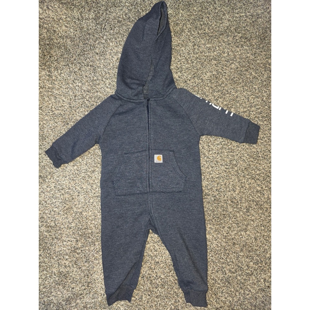 Carhartt Baby Boys Blue Fleece Hooded Romper Coverall 6M Logo Sleeve Zip Up